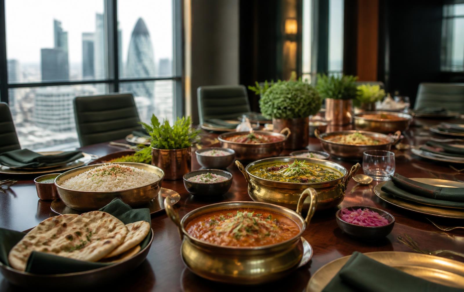 Indian corporate lunch laid out in brass serving dishes on a boardroom table overlooking the London skyline